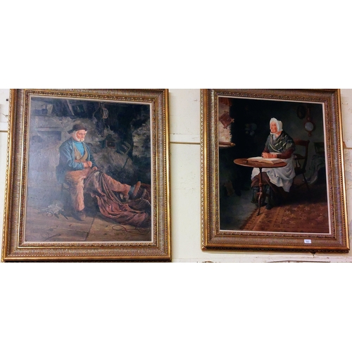 503 - Pair of H. Spernon Tozer Oil on Canvas - Gilt Framed Fisherman 1888 & Lady Reading 1887 - C. 83cm W ... 