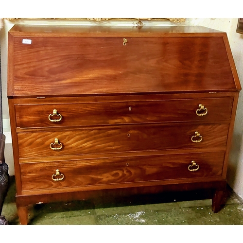 506 - Mahogany Writing Bureau with 3 Brass Handle Drawers - C. 112cm W x 59cm D x 100cm H