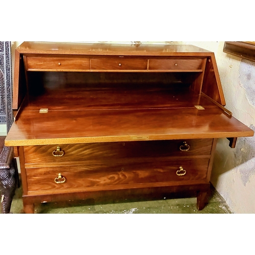 506 - Mahogany Writing Bureau with 3 Brass Handle Drawers - C. 112cm W x 59cm D x 100cm H