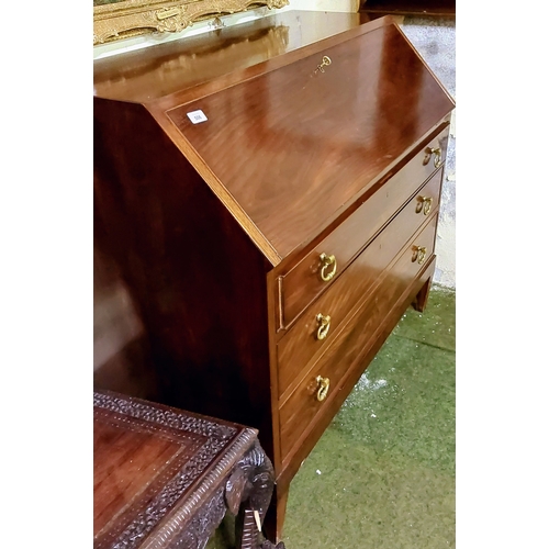 506 - Mahogany Writing Bureau with 3 Brass Handle Drawers - C. 112cm W x 59cm D x 100cm H