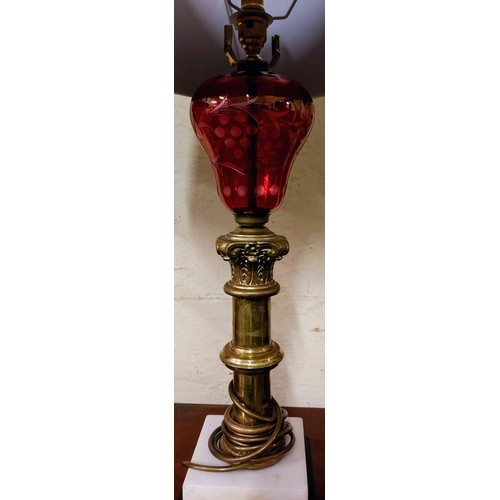 511 - Pair of Brass Column and Cranberry Glass Globe Table Lamps and Shades - C. 69cm H