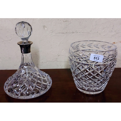 513 - Heavy Cut Glass Bowl (C. 17cm H) and Decanter with Sterling Silver Collar