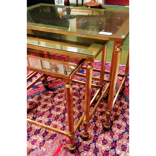 525 - Nest of 3 Brass Frame Glass Top Tables on Castors