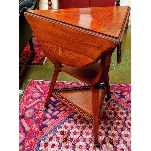 529 - Mahogany Inlaid Triangular Drop Leaf Occasional Table on Castors with a Double Level Stretcher Base ... 