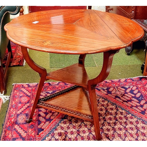 529 - Mahogany Inlaid Triangular Drop Leaf Occasional Table on Castors with a Double Level Stretcher Base ... 