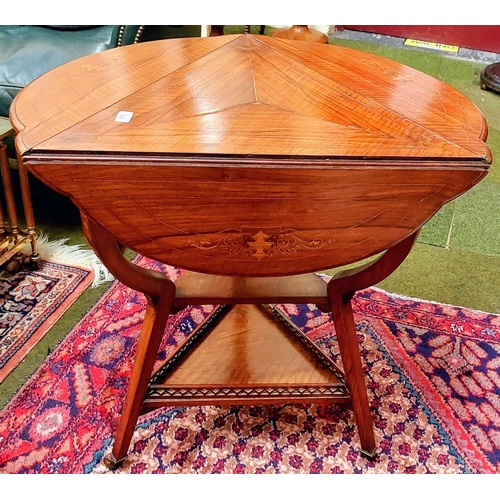 529 - Mahogany Inlaid Triangular Drop Leaf Occasional Table on Castors with a Double Level Stretcher Base ... 