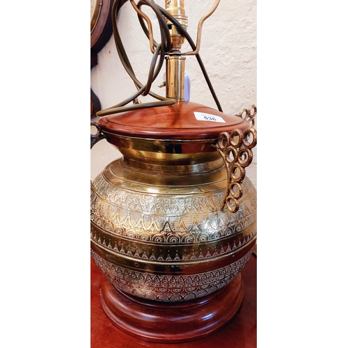 536 - Engraved Brass and Wood Table Lamp - C. 76cm H x 32cm W