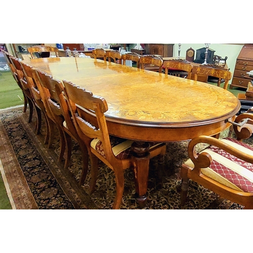 543 - Victorian Revival Handmade Marquetry Burr Walnut Dining Table & 14 Matching Dining Chairs - C.130cm ... 