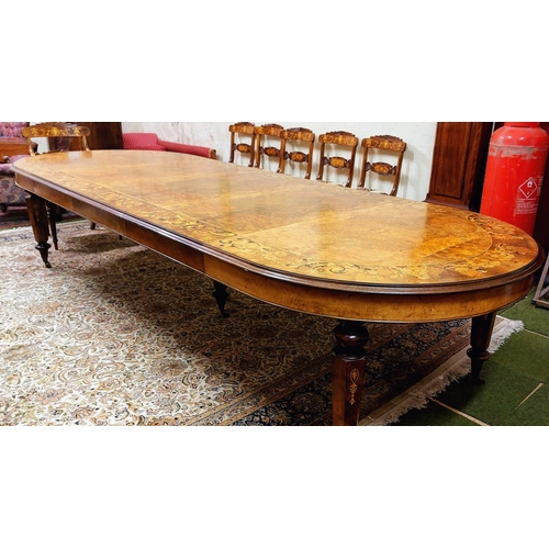 543 - Victorian Revival Handmade Marquetry Burr Walnut Dining Table & 14 Matching Dining Chairs - C.130cm ... 