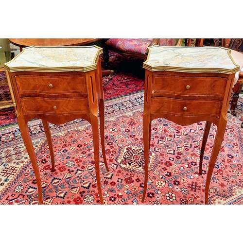 548 - Pair of Edwardian Inlaid Satinwood 2 Drawer Lockers with Brass Surround Marble Tops on Cabriole Legs... 