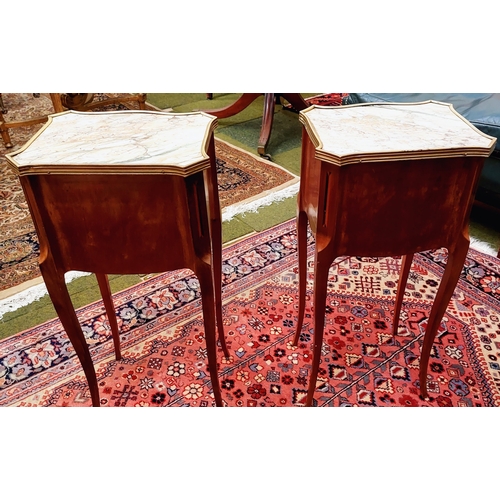 548 - Pair of Edwardian Inlaid Satinwood 2 Drawer Lockers with Brass Surround Marble Tops on Cabriole Legs... 