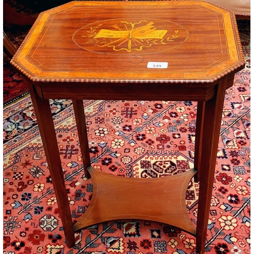 549 - Mahogany Inlaid Occasional Table with Inlaid Music Scene - C. 46cm W x 36cm D x 61cm H