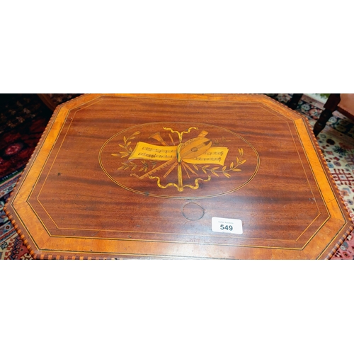 549 - Mahogany Inlaid Occasional Table with Inlaid Music Scene - C. 46cm W x 36cm D x 61cm H