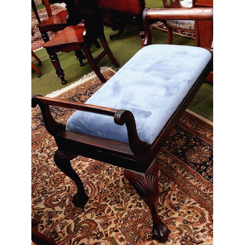 552 - Carved Mahogany Chippendale Style Duet Stool - Upholstered Blue Cotton Velvet Seat with Scroll Ends ... 