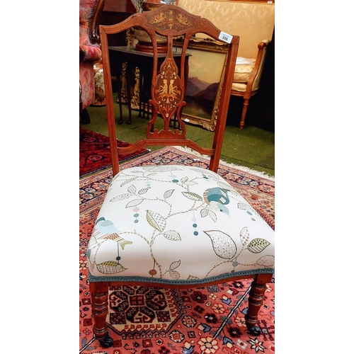 556 - Edwardian Inlaid Mahogany Chair with Bird and Leaf Branch Upholstery