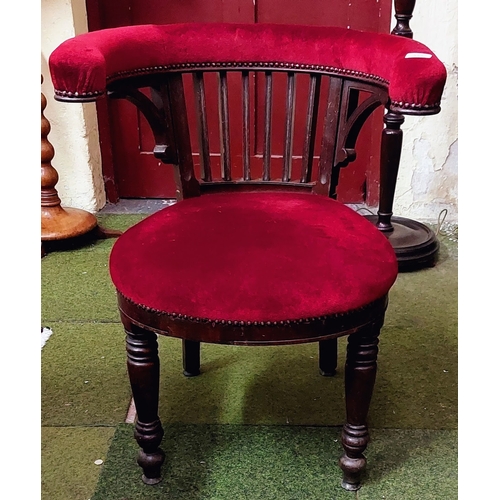 577 - Red Velour Upholstered Library Tub Chair