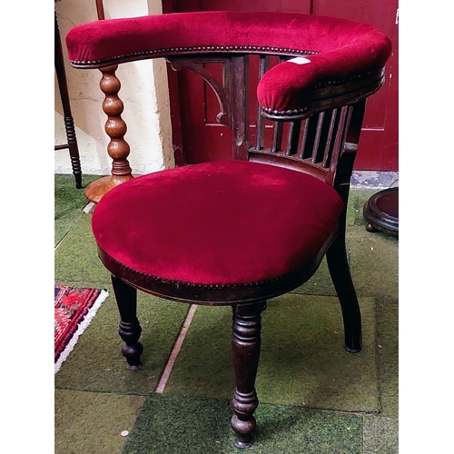 577 - Red Velour Upholstered Library Tub Chair