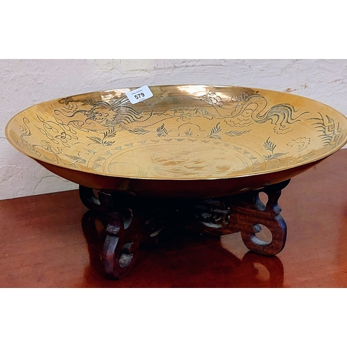 579 - Large Oriental Brass Bowl on Stand with Etched Dragon Motifs