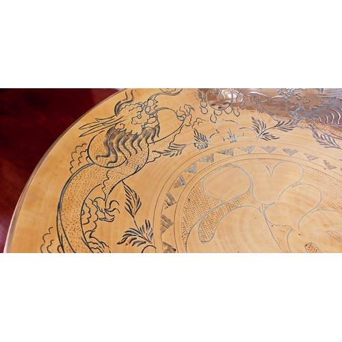 579 - Large Oriental Brass Bowl on Stand with Etched Dragon Motifs