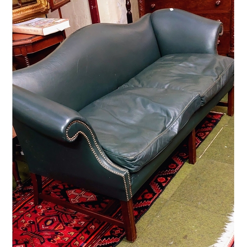 585 - Georgian Style Camel Back Settee Upholstered in Green Leather - C. 190cm W