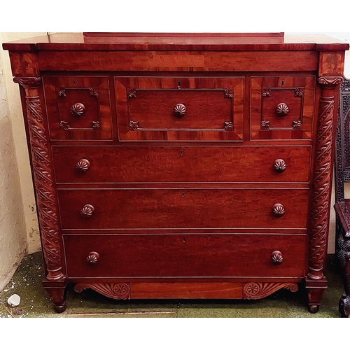 591 - Regency Mahogany Cross Banded Chest of Drawers - 3 Over 3 Drawer with Carved Column Decorative Suppo... 