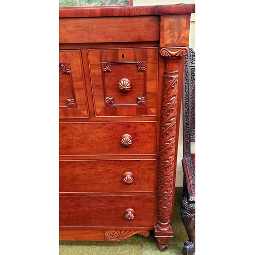 591 - Regency Mahogany Cross Banded Chest of Drawers - 3 Over 3 Drawer with Carved Column Decorative Suppo... 