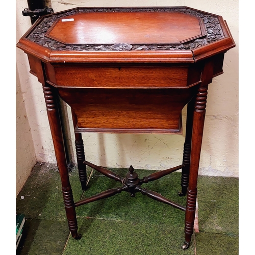 597 - Mahogany Lift Top Work Box with Highly Carved Leaf Motif on X-Frame Stretcher Base with Brass Castor... 