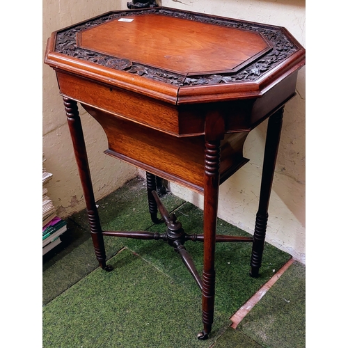 597 - Mahogany Lift Top Work Box with Highly Carved Leaf Motif on X-Frame Stretcher Base with Brass Castor... 