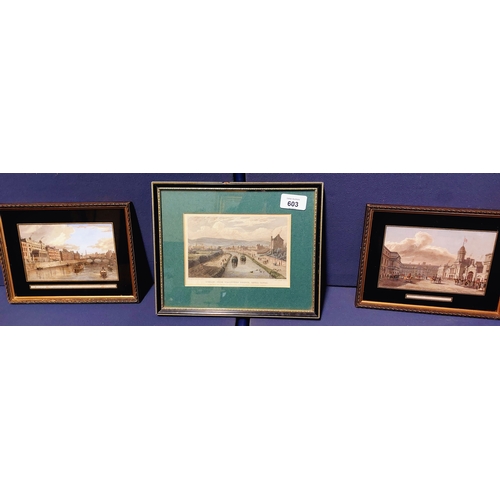 603 - 3 Neat Size Dublin Scene Prints inc Dublin Castle, Ushers Quay & Dublin from the Royal Canal