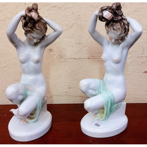 605 - Pair of Herend Hand Painted Porcelain Nude Figures in a Pastel Finish - C. 37cm H