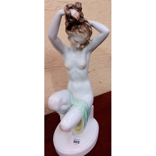 605 - Pair of Herend Hand Painted Porcelain Nude Figures in a Pastel Finish - C. 37cm H