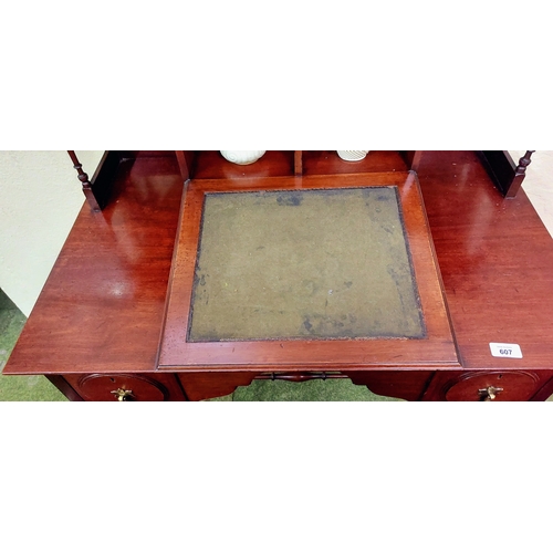 607 - Neat Mahogany Kneehole Writing Desk with 2 Drawers Over a Fine Turned Stretcher Base - C. 84cm W x 5... 