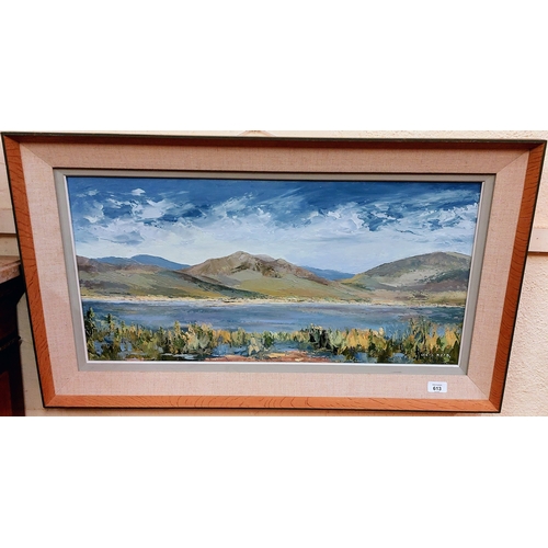 613 - Chris Reid Oil on Board - Framed Lake and Mountain Scene - C. 90cm W x 53cm H