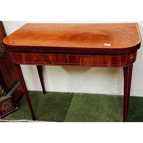 614 - Mahogany Cross Banded and Inlaid Turn Over Leaf Card Table on Tapered legs - C. 92cm W x 46cm D x 75... 