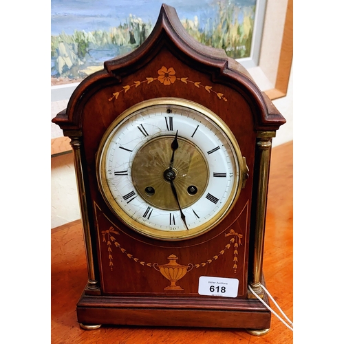 618 - Edwardian Inlaid Mantle Clock with Brass Pillars - C. 30cm H