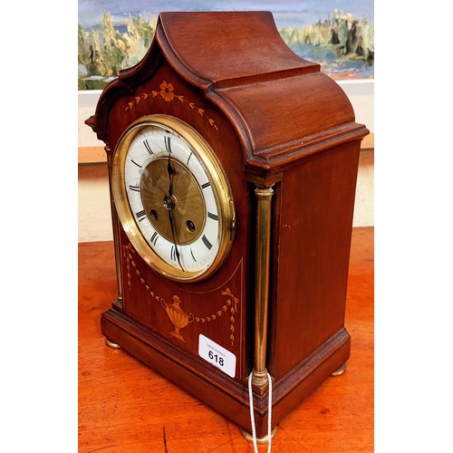 618 - Edwardian Inlaid Mantle Clock with Brass Pillars - C. 30cm H