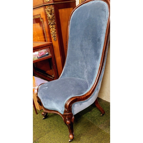 625 - Victorian Carved Mahogany Blue Upholstered Nursing Chair