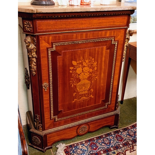 631 - Pair of 19th Century French Satinwood Marble Top Cabinets, with Marquetry Inlay and Ormolu Mountings... 