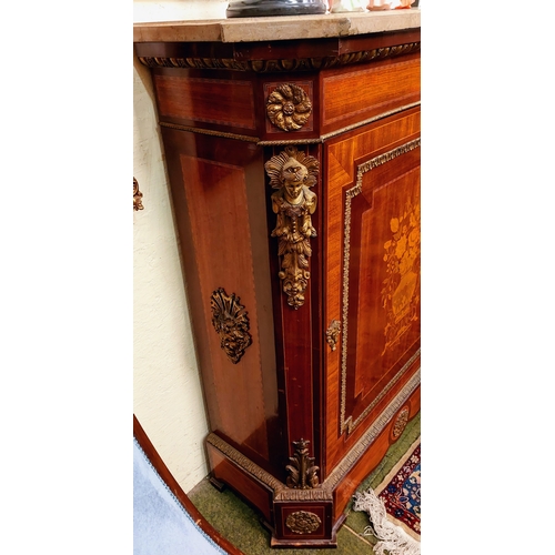 631 - Pair of 19th Century French Satinwood Marble Top Cabinets, with Marquetry Inlay and Ormolu Mountings... 