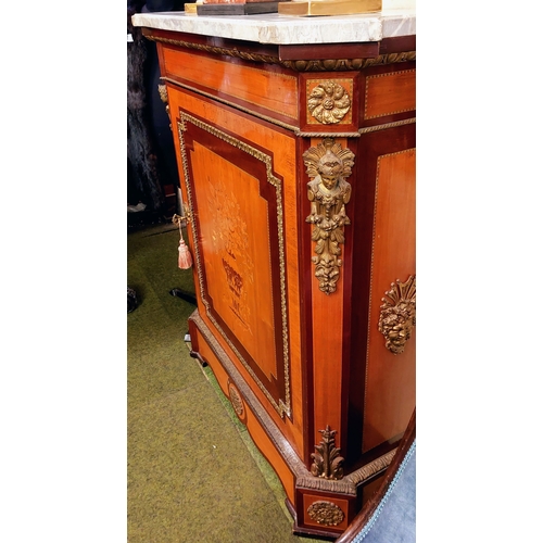 631 - Pair of 19th Century French Satinwood Marble Top Cabinets, with Marquetry Inlay and Ormolu Mountings... 