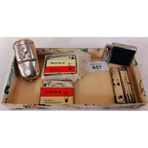 657 - 4 Vintage Lighters inc Sony TV Branded, & a Match Holder from the Isle of Man