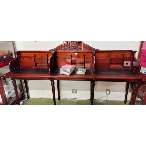 672 - Mahogany Tooled Leather Top 3-Bay Fitted Clerks Desk on Tapered Column Legs - C. 210cm W x 54cm D x ... 