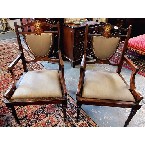 677 - A Pair of Edwardian Inlaid Mahogany Elbow Chairs with Green Upholstery