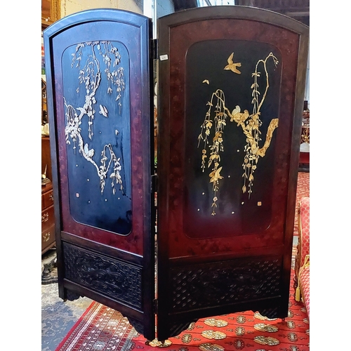 678 - Oriental Style Double-Sided 2-Panel Screen on Castors - Carved & Mother of Pearl Birds & Branches wi... 