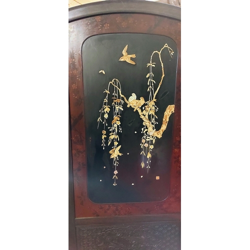 678 - Oriental Style Double-Sided 2-Panel Screen on Castors - Carved & Mother of Pearl Birds & Branches wi... 