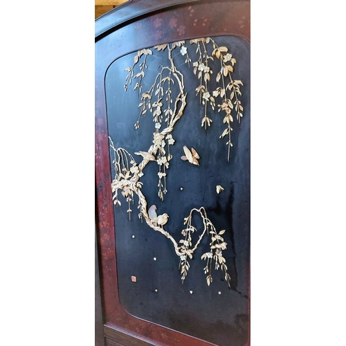 678 - Oriental Style Double-Sided 2-Panel Screen on Castors - Carved & Mother of Pearl Birds & Branches wi... 