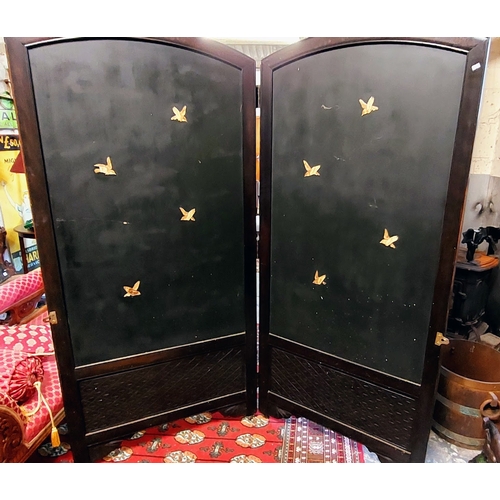 678 - Oriental Style Double-Sided 2-Panel Screen on Castors - Carved & Mother of Pearl Birds & Branches wi... 