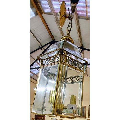 679 - Brass & Glass 3 Branch Hall Light - C. 40cm H x 27cm W