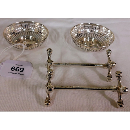 699 - Pair of Birmingham Silver Pierced Dishes & 2 London Silver Knife Rests