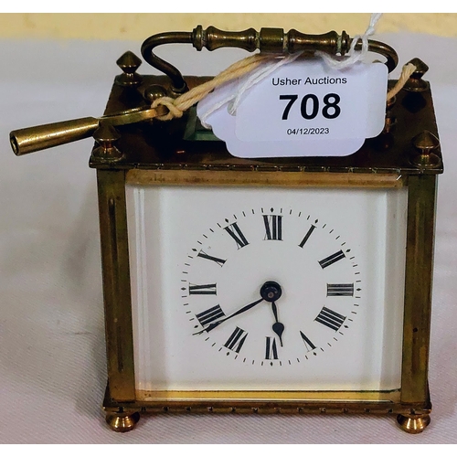 708 - Brass Carriage Clock with Swing Handle and Key